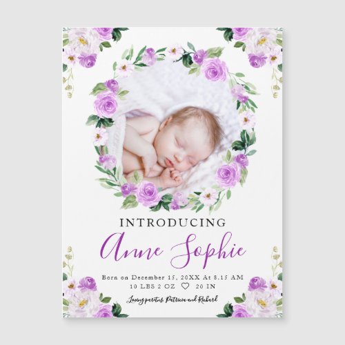Purple Floral Photo Birth Announcement Cards