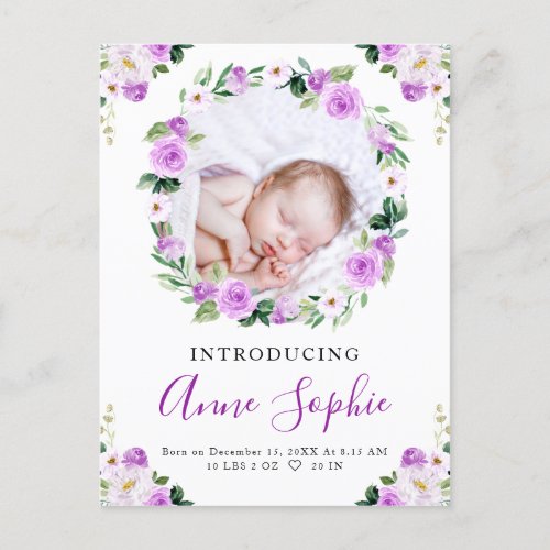 Purple Floral Photo Birth Announcement  Thank You Postcard