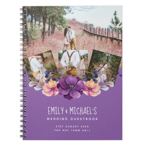 Purple Floral Photo Collage Wedding Guest Book
