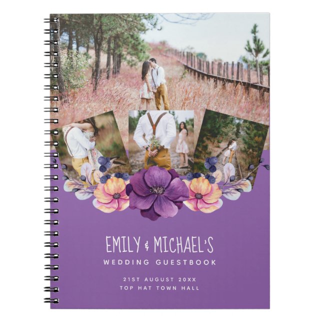 Purple Floral Photo Collage Wedding Guest Book (Front)