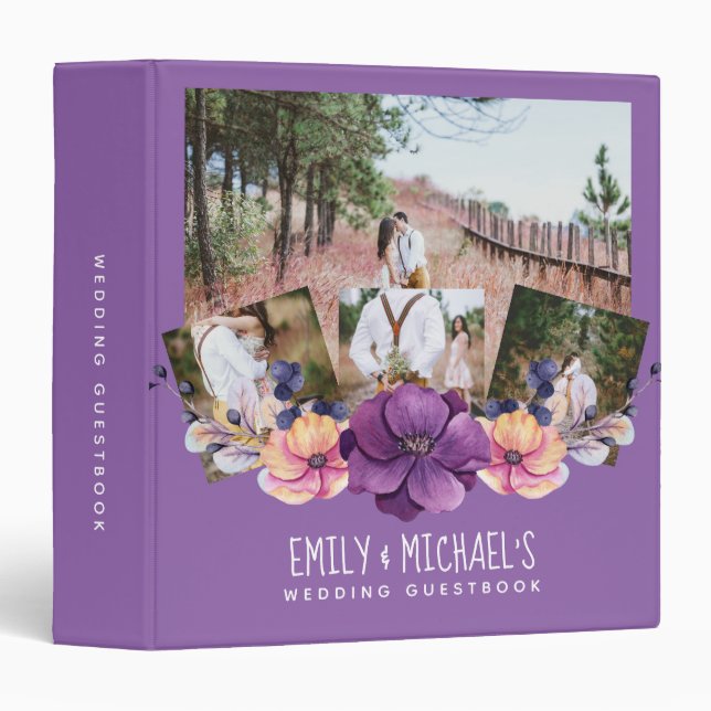 Purple Floral Photo Collage Wedding Guest Book 3 Ring Binder (Front/Spine)