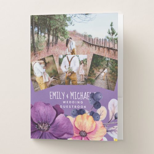 Purple Floral Photo Collage Wedding Guest Book Pocket Folder