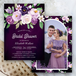 Purple Floral Photo Dark Moody Bridal Shower Invitation