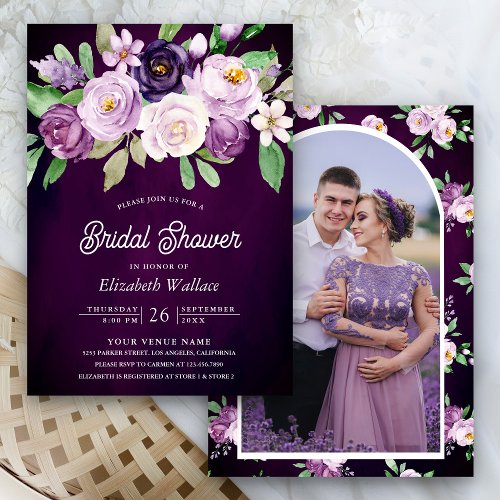 Purple Floral Photo Dark Moody Bridal Shower Invitation