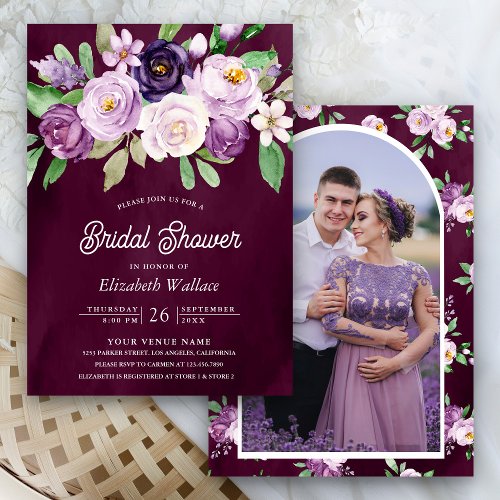 Purple Floral Photo Dark Moody Plum Bridal Shower Invitation