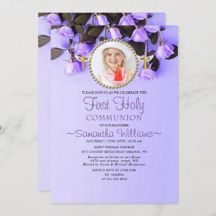 Purple Floral Photo First Communion Invitation