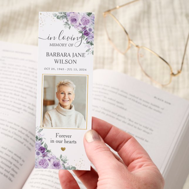 Purple Floral Photo Funeral Memorial Bookmark (Hand)