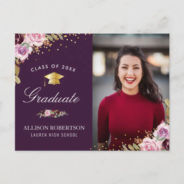 purple floral photo graduation announcement postcard | Zazzle