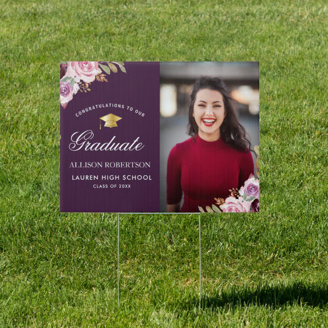 purple floral photo graduation yard sign | Zazzle