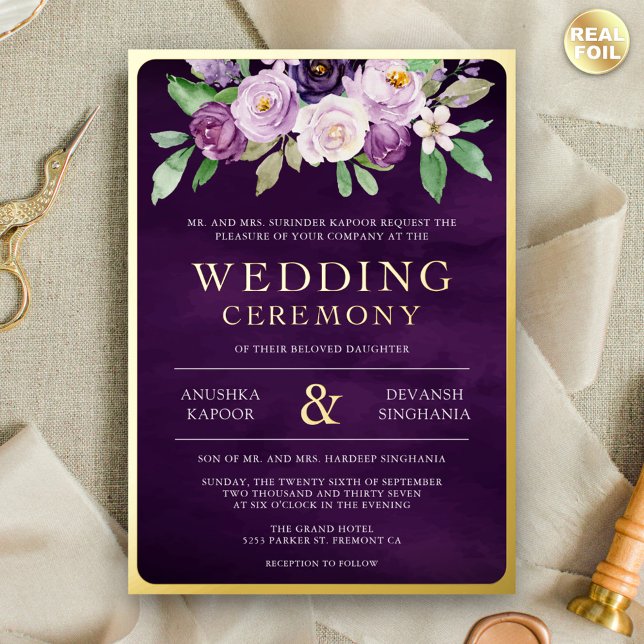 Purple Floral Photo Indian Wedding Gold Foil Invitation (Creator Uploaded)