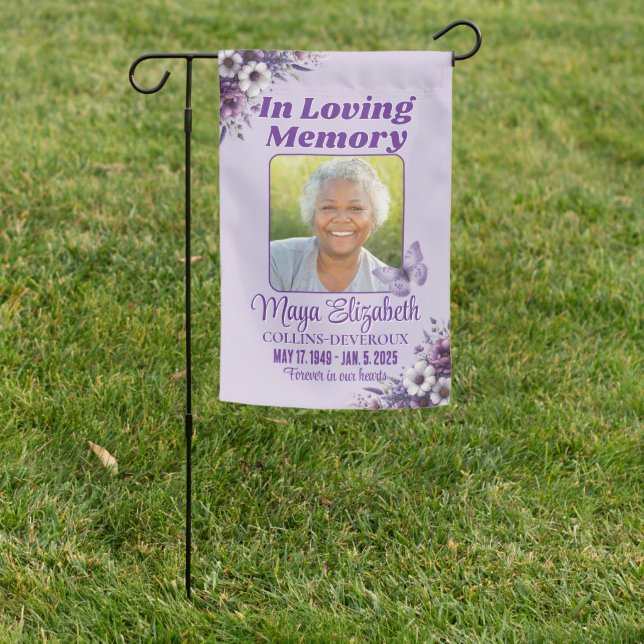 Purple Floral Photo Memorial Gravesite Garden Flag (In SItu)
