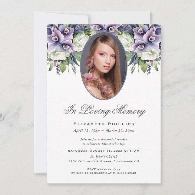 Purple Floral Photo Memorial Service Funeral  Invitation (Front)