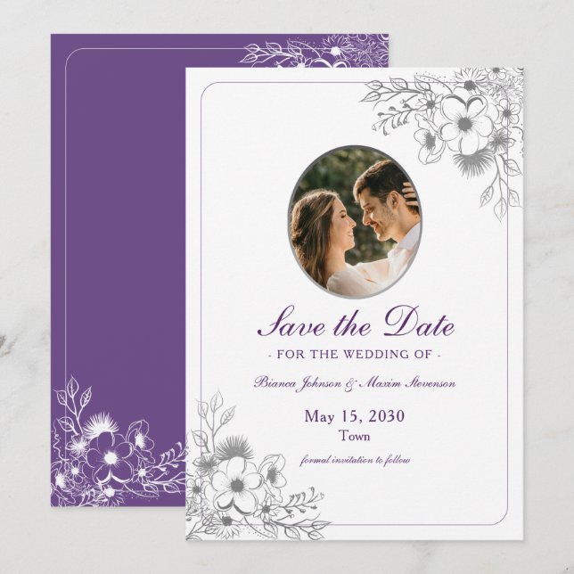 Purple Floral Photo Save The Date (Front/Back)