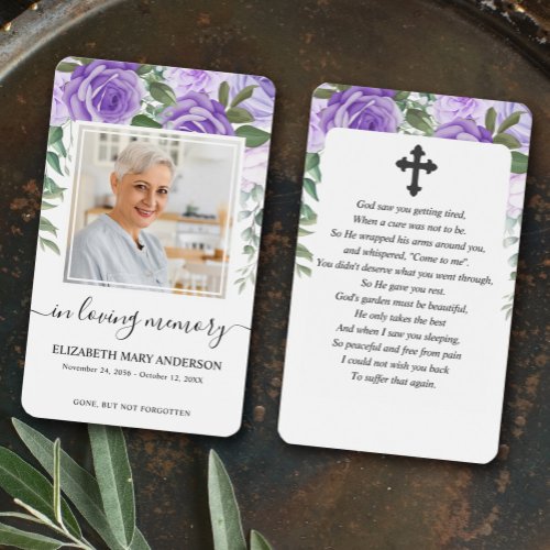 Purple Floral Photo Sympathy Funeral Prayer Card