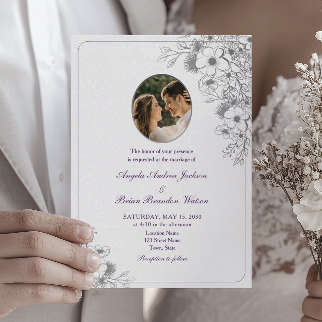 Purple Floral Photo Wedding Invitation (Creator Uploaded)