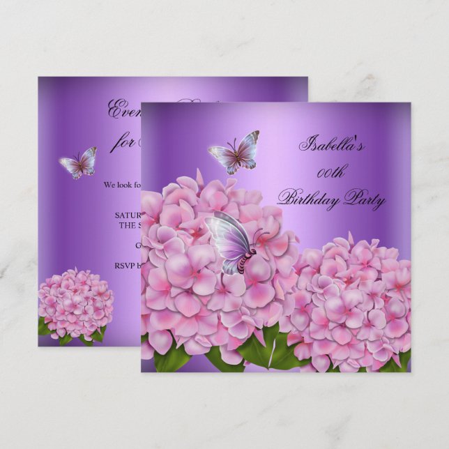 Purple Floral Pink Butterfly Birthday Party Invitation (Front/Back)