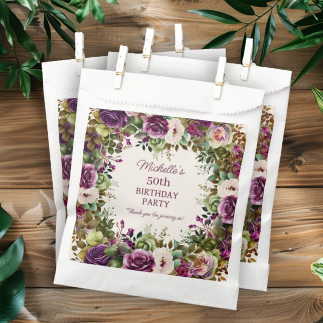 Purple Floral Pink Flowers Birthday Favor Bag (Elegant purple and pink watercolor floral birthday party favor bags. )