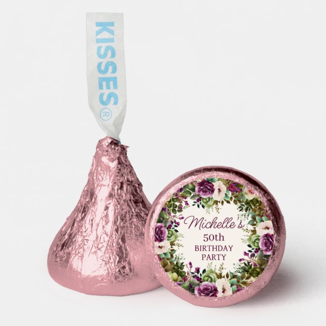 Purple Floral Pink Flowers Birthday Hershey®'s Kisses® (Front)
