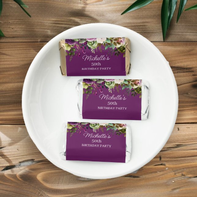 Purple Floral Pink Flowers Birthday Thank You Hershey's Miniatures (Purple and pink floral Hershey Miniature candy bars customized with your name.)