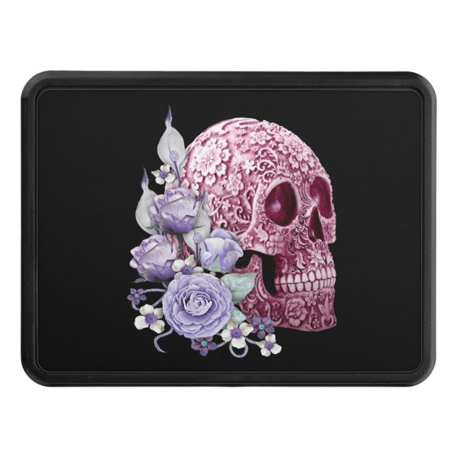 Purple Floral Pink Sugar Skull Day Of The Dead Hitch Cover (Front)