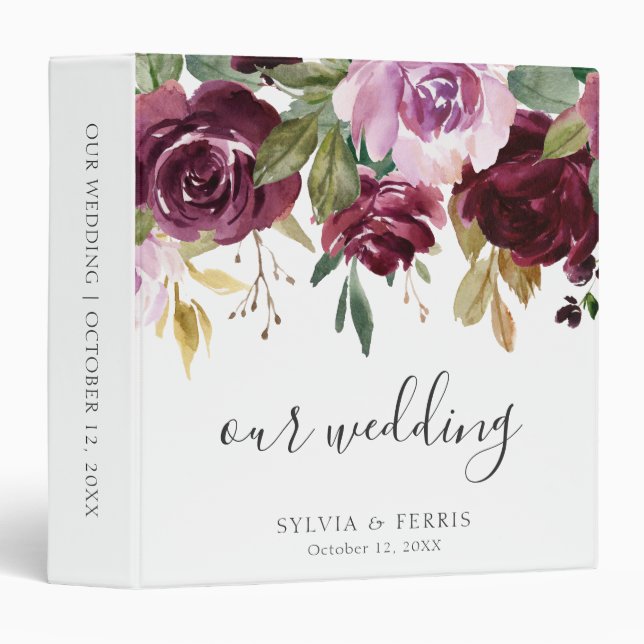 Purple Floral Plum Roses Wedding Photo Album 3 Ring Binder (Front/Spine)