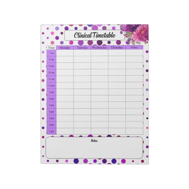 Purple Floral Polka Dots _ Clinical Timetable Notepad (Rotated)
