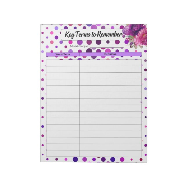 Purple Floral Polka Dots _ Key Terms to Remember Notepad (Rotated)