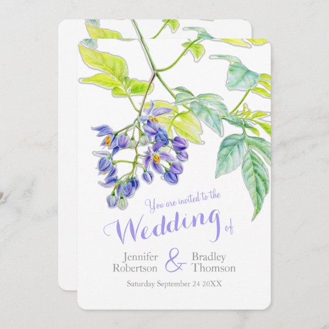 Purple floral potato creeper watercolor wedding invitation (Front/Back)