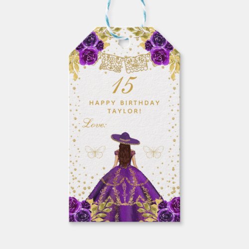 Purple Floral Princess Charro Happy Birthday Gift Tags