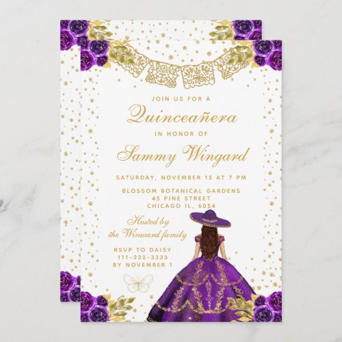 Purple Floral Princess Charro Quinceaera Invitation