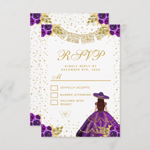Purple Floral Princess Charro Quinceaera RSVP Card
