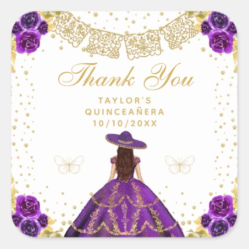 Purple Floral Princess Charro Quinceaera Square Sticker