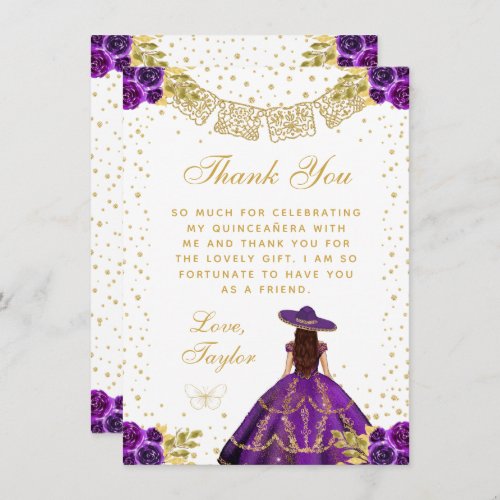 Purple Floral Princess Charro Quinceaera Thank You Card