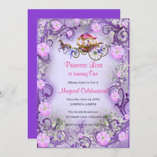 Purple Floral Princess Fairy Tail 1st Birthday Invitation