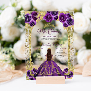Purple Floral Princess Gold Arch Quinceanera Acrylic Invitations