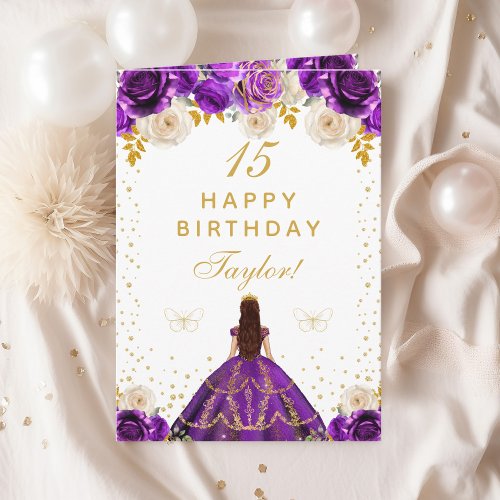 Purple Floral Princess Happy Birthday Card