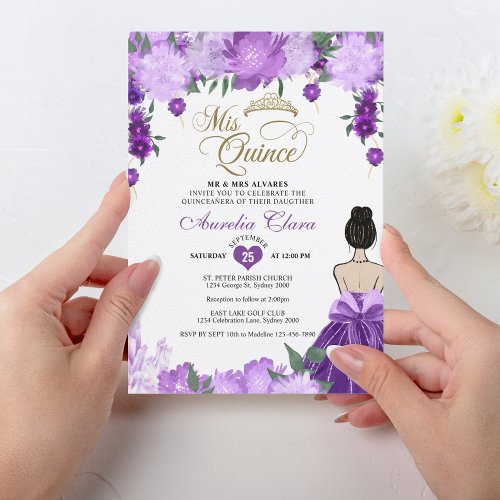 Purple Floral Princess Mis Quince Quinceaera Invitation