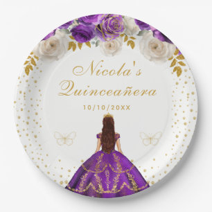 Purple Floral Princess Quinceañera Paper Plates