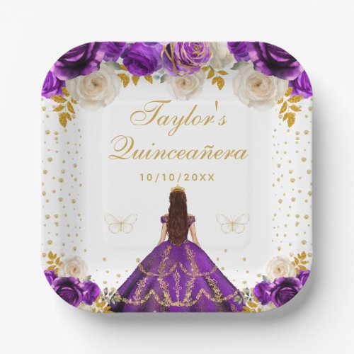 Purple Floral Princess Quinceaera Paper Plates