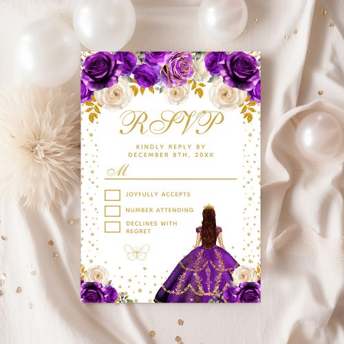 Purple Floral Princess Quinceaera RSVP Card