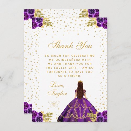 Purple Floral Princess Quinceaera Thank You Card