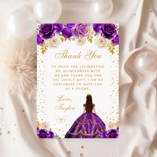 Purple Floral Princess Quinceaera Thank You Card