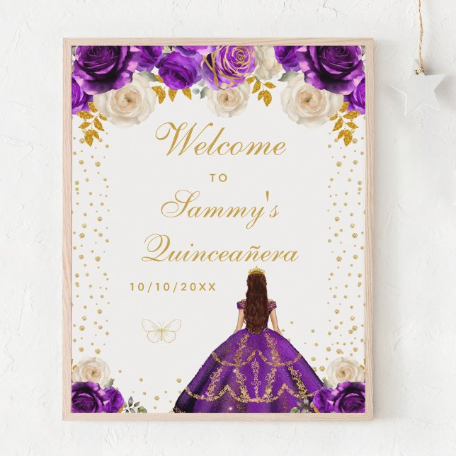 Purple Floral Princess Quinceañera Welcome Poster (Creator Uploaded)