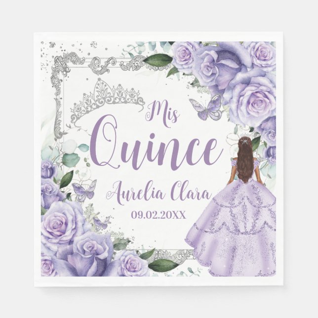 Purple Floral Princess Silver Quinceañera 16 15 Napkins (Front)