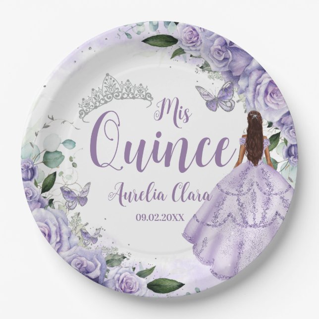 Purple Floral Princess Silver Quinceañera 16 15 Paper Plates (Front)