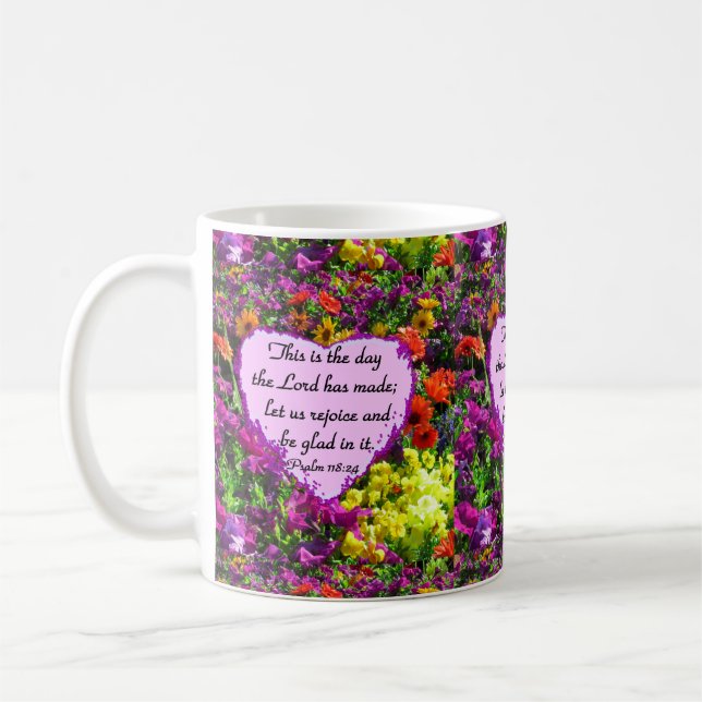 PURPLE FLORAL PSALM 118:24 PHOTO DESIGN COFFEE MUG (Left)