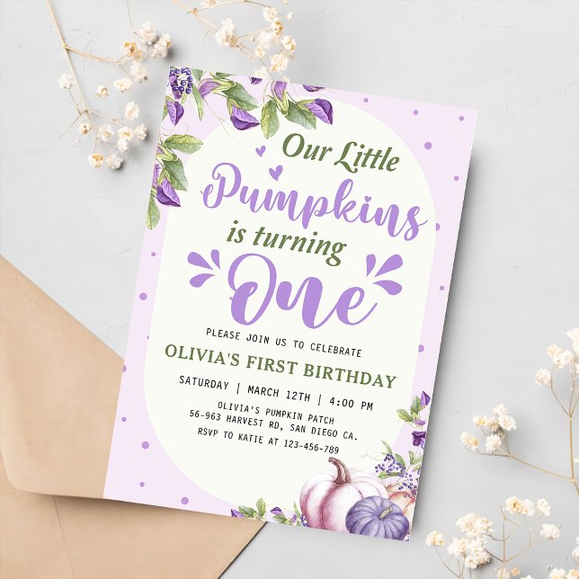 Purple Floral Pumpkin 1st Birthday Party Invitation (Creator Uploaded)
