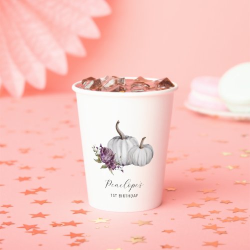 Purple Floral Pumpkin Birthday Party Paper Cups