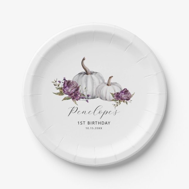 Purple Floral Pumpkin Birthday Party Paper Plates (Front)