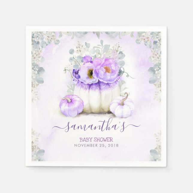 Purple Floral Pumpkins Fall Baby Shower Napkins (Front)